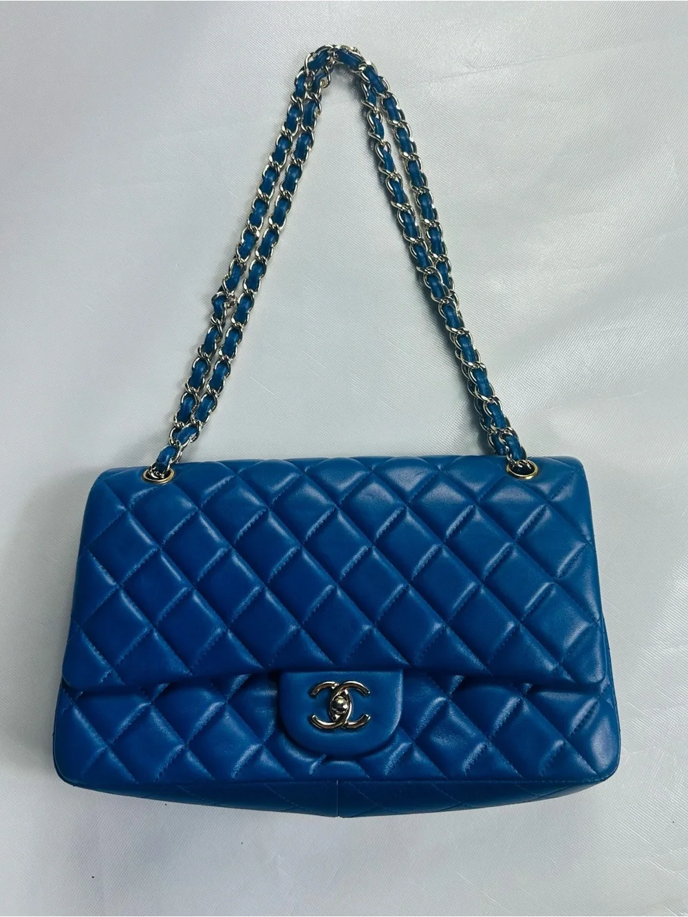 CHANEL Quilted Double Flap Shoulder Bag in Royal Blue with Gold Hardware